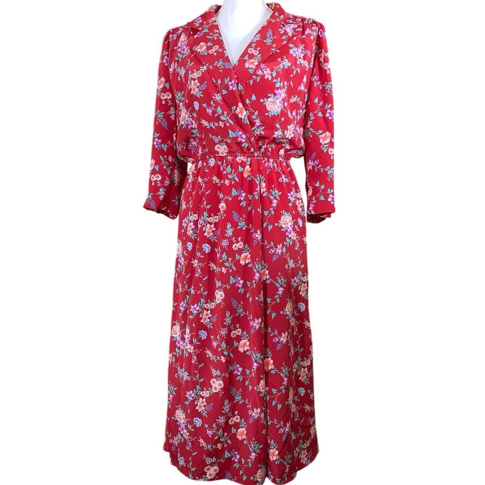 Red Floral Retro 80s 90s Boho Summer Spring Flowy V neck ballet long sleeve MED